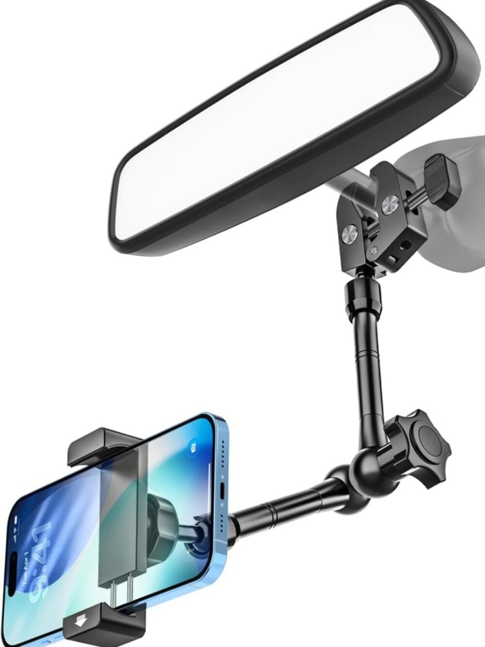 Universal Rearview Mirror Phone Holder - Metal Clip for Hands-Free Car Mount